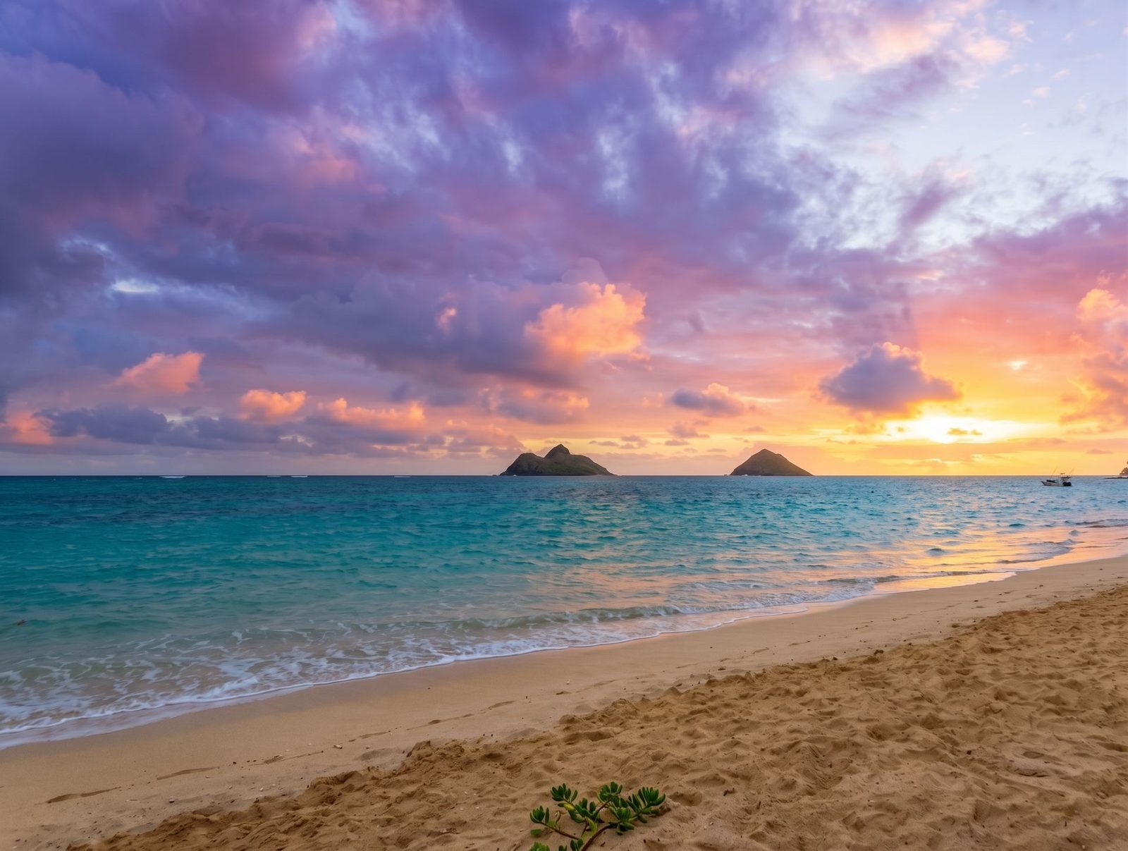 Lanikai Beach at sunset, with two offshore islands